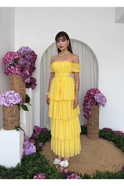 Caddebostan Moda Corset Detailed, Chiffon, Layered Skirt, Strapless Midi Dress