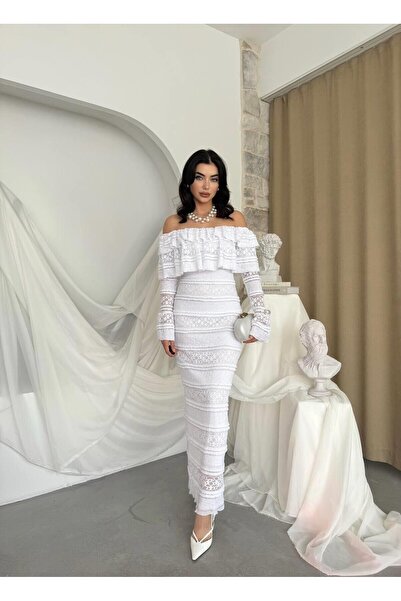 Caddebostan Moda Strapless Neckline Ruffle Lace Detailed Long Sleeve Midi Dress