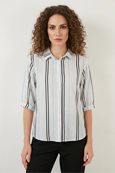 Efnaz style Women's Short Sleeve Striped Cotton Light Blue Shirt