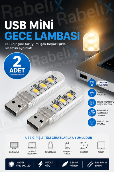 Rabelix Online Marketing 2 Adet USB Gece Lambası 3 LED SMD Beyaz Işık Laptop ...