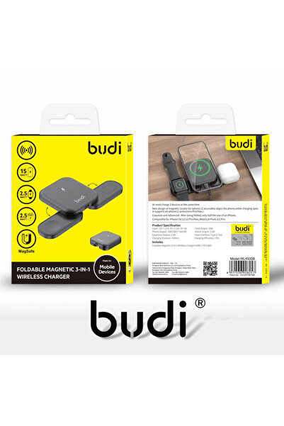 Budi شاحن لاسلكي مغناطيسي قابل للطي 3 في 1 طراز WL4500B
