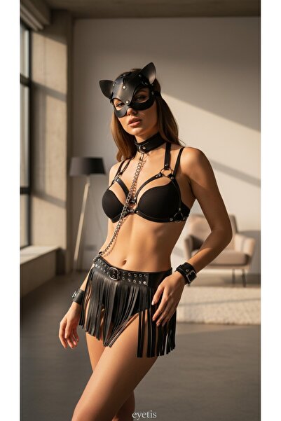 Siyah Deri Fantazi Harness Takım, Kedi Maskeli Zincir Detaylı Kostüm