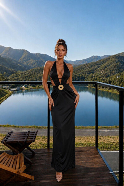 Tayt Factory Μακρύ φόρεμα με δέσιμο στο λαιμό, λεπτομέρεια αξεσουάρ και ανοιχ...