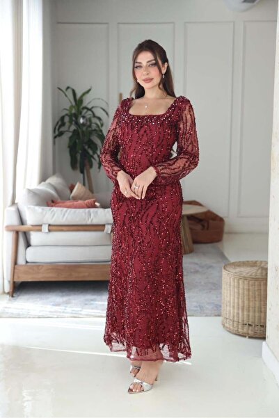Nice Model فستان سهرة عنابي ترتر كامل مع تطريز كرستال ولؤلؤ