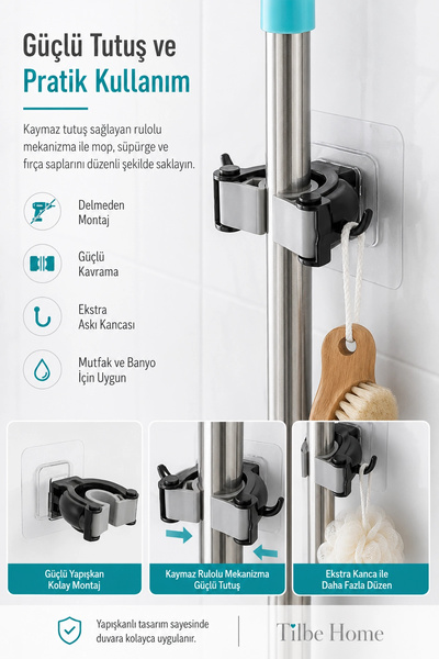 Tilbe Home 2li Yapışkanlı Fırça Mop Askısı Sap Tutucu Mutfak Banyo Duvar Askısı Organizer Pratik Mop Askısı