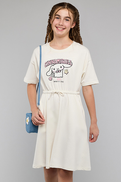 R&B Cinnamoroll Print Fit & Flare Dress with Crew Neck and Short Sleeves