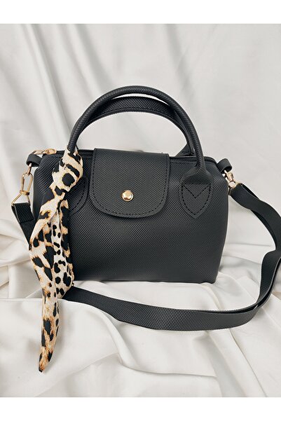Leaf Accessory Black Canvas Shoulder Bag with Scarf Detail