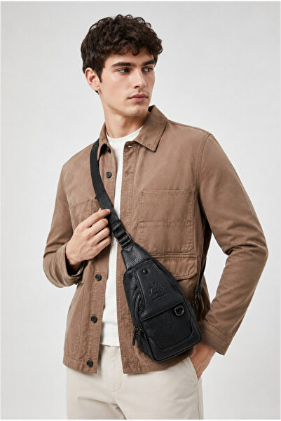 Catwins Men's black leather body bag cross shoulder and chest bag 7044