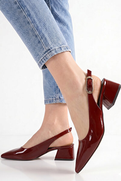 MİNNACE Burgundy Crinkled Patent Leather Pointed Toe Open Back Large Buckle 5...