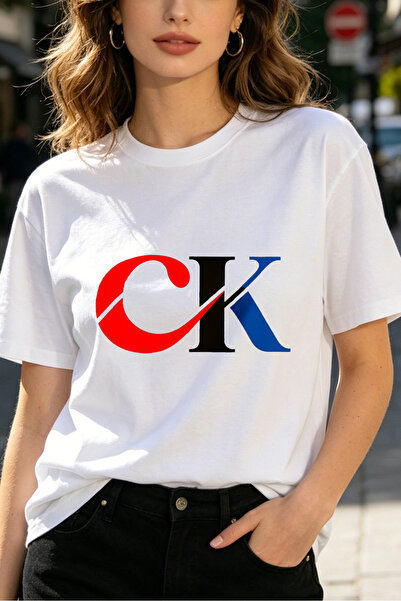 Fleck Womens T Shirts CK Logo Print Casual Streetwear Style White Basic Tee F...