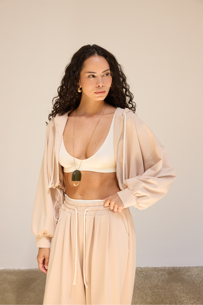 MAI STUDIOS CO. Olin Waist Detail Bone Hooded Crop Tracksuit Set
