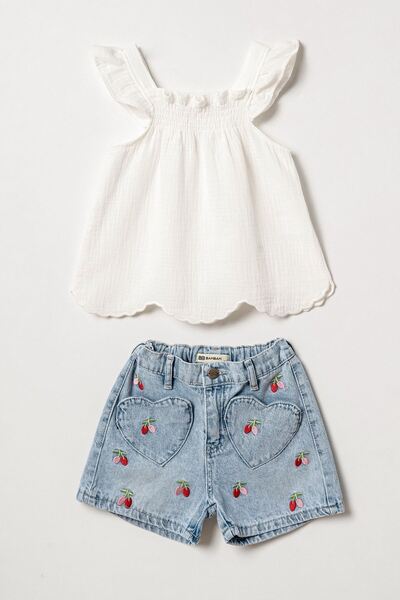 Minigimin Cicileri My Little Girl's Cherry Embroidered Muslin Denim Shorts Se...