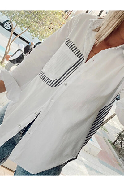 bysoca Women's White Striped Panel Detailed Cotton Oversize Shirt Blouse with...