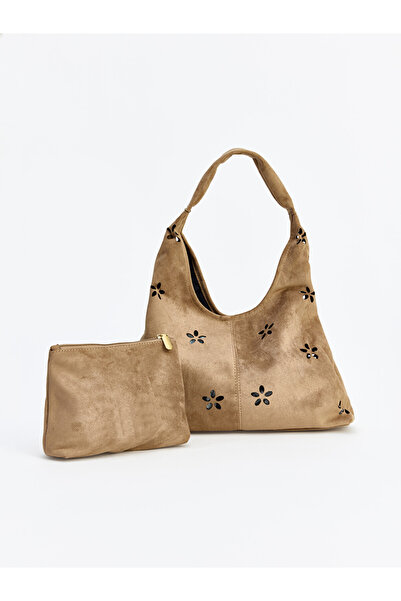 LC Waikiki Beige Floral Patterned Suede Women's Shoulder Bag and Wallet
