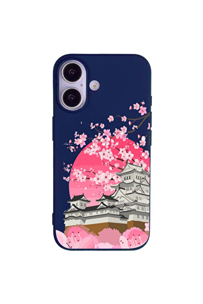 Casen iPhone 16 Lacivert Lansman Sakura Renkli Silikon Kılıfı