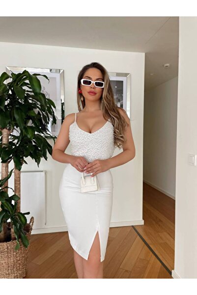 1Moda1Tarz Imported Crepe Fabric Pearl Embroidered Slit Detailed Strap Lined ...