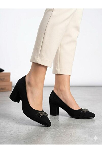 Lütfi Women's Black Suede Thick Heel Comfortable Fit Heeled Shoes