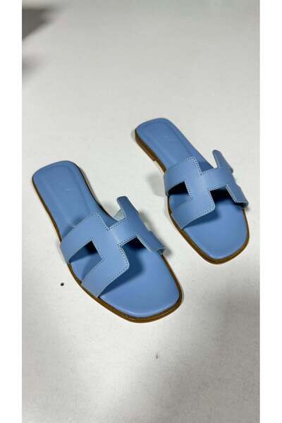 VİVENS MODA Women's Blue Genuine Leather H-Strap Flat Slippers