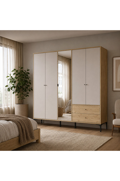 Adore Mobilya Madrid 5 Kapılı 2 Çekmeceli Aynalı Gardırop Florida Meşe - Vizo...