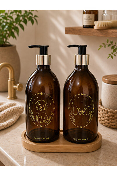 Dekoratif Kedi & Köpek Temalı Amber Cam Sabunluk Seti 500 Ml