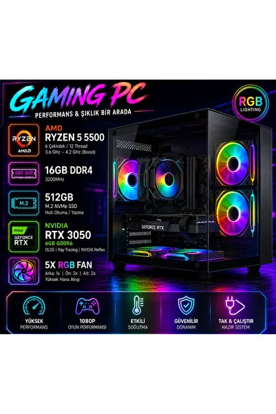 Apphirex Blood X05 Ryzen 5 5500 16GB Ram 512GB M2 SSD RTX3050 Masaüstü Oyun B...