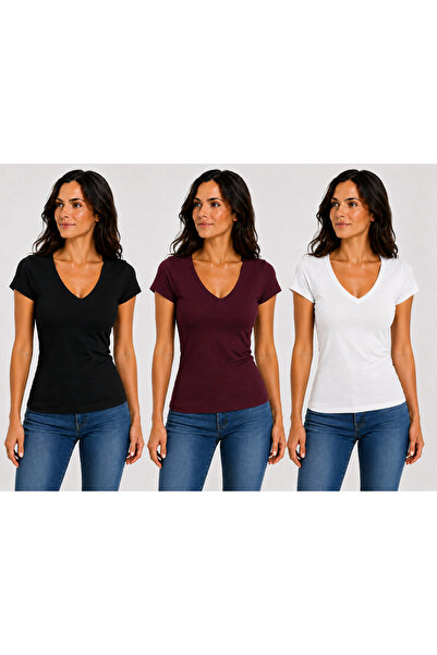 YAXİ V-Neck Body Suit 3-Piece Set - Black, Raspberry White