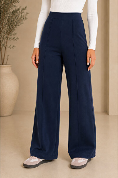 Fioria Women's Navy Blue Front Ribbed Wide Fit Wide Leg Modal Fabric High Wai...