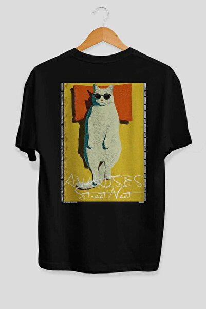 Ankhises For the Sake of Cats 117 Cat Printed Black Oversize T-Shirt 100% Cot...