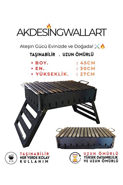 AKDESİNGWALLART Katlanabilir Portatif Mangal Dayanıklı Siyah Çelik Tasarım Mo...