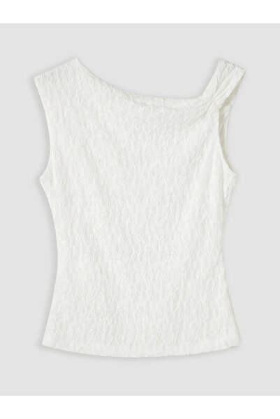 LC Waikiki White Boat Neck Ruched Lace Blouse