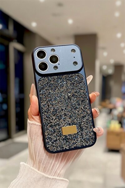 İtarz İphone 12 Promax Uyumlu Lacivert Lüks Taşlı Simli Kamera Korumalı Premi...