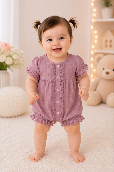 My Babies Label Kız Bebek Dantel Ve Küpür Detaylı 2’li Kısa Kol Tulum
