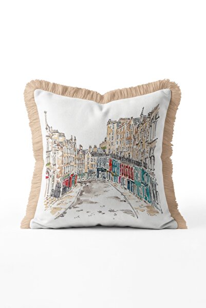IdeCraft Colorful Street Illustration Fringed Throw Pillow Cover - White Back...
