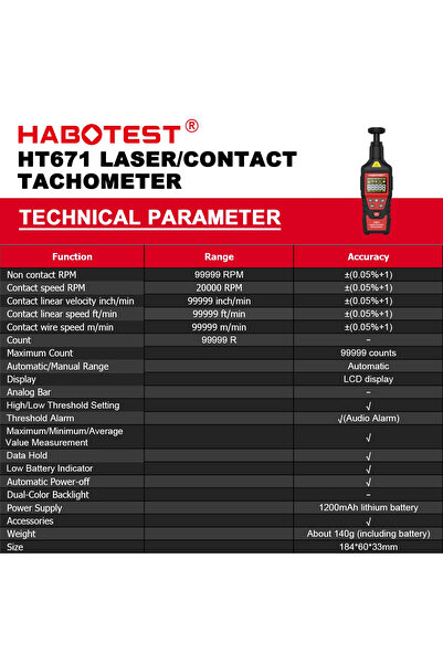 choice2 HT671 rechargable HABOTEST HT670 Digital Laser Tachometer Non-Contact...
