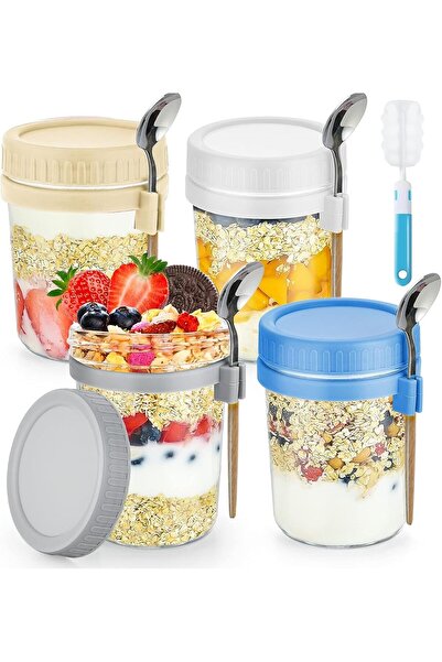 Generic 4Pcs 16oz Leak Proof Glass Oats Jars with Lids & Spoons for Yogurt Sa...