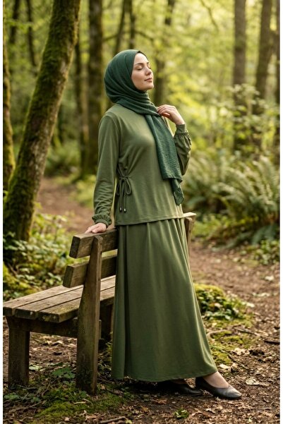 sefamerve Oysho Fabric Lace-Up Blouse Skirt Double Hijab Set 5660-05 Khaki