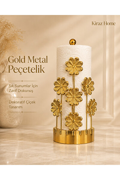 KİRAZHOME Şık Gold Metal Çiçekli Rulo Peçetelik Dekoratif Mutfak Kağıt Havlu ...
