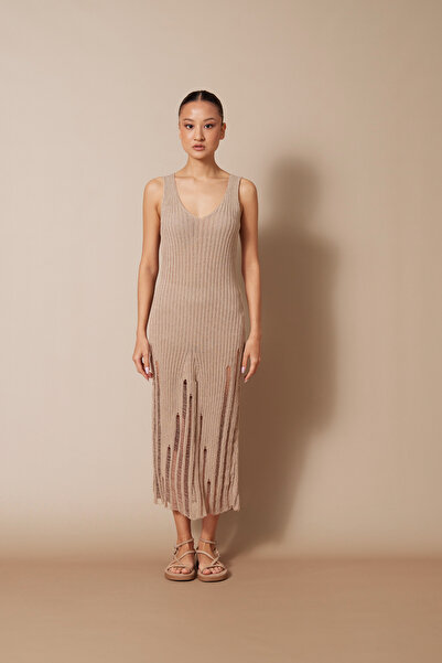 Nisan Ajurlu V-Neck Long Knitted Dress Beige