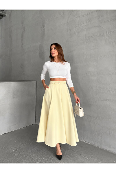 Maldia Shop Women's Zippered Slit Skirt with Belt in Yellow