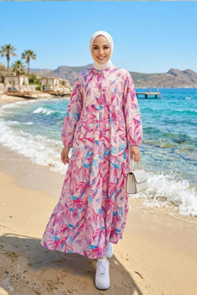 Hb Harma Time Butik Women's Buttoned Modal Fabric Patterned Pink Dress
