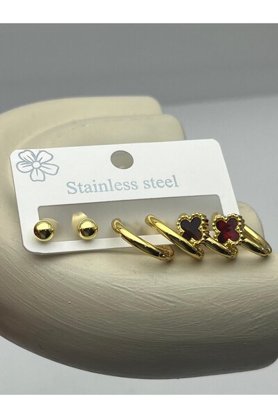 BİJU YILMAZ 26clk62 burgundy clover detailed gold steel earring set
