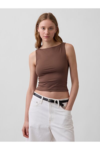 GAP Kadın Kahverengi CloseKnit Jersey Boatneck Crop Kolsuz Üst