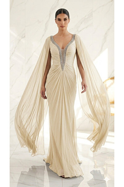 Hennin Premium Crystal Stone Detailed Chiffon Cape Evening Dress 9035