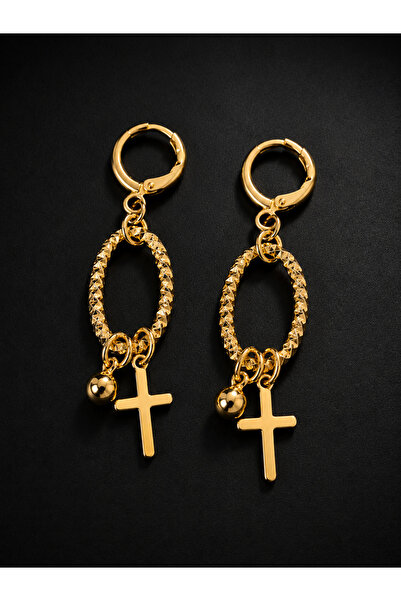 OEM Women's Earrings Plated with 14K Gold, Cross and Textured Oval Pattern, E...
