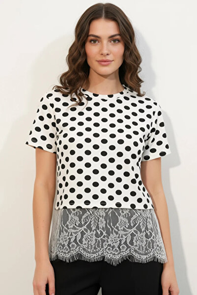 Şeker Portakalım Women's Round Neck Lace Detailed Polka Dot Patterned White B...