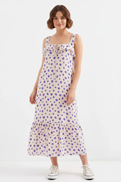 Efnaz style Women's Strappy Ruffled Collar Floral Patterned Viscose Lilac Dress
