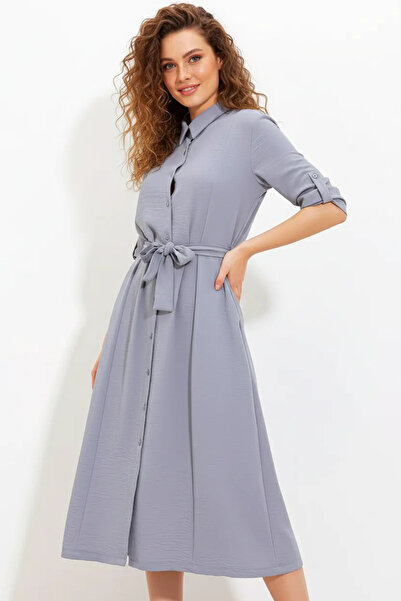 Efnaz style Women's Belted Gray Shirt Dress