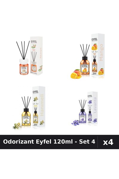 Eyfel Set 4 Odorizant Cameră Bețișoare 120ml - Acacia, Mango, Lavandă, Mâna M...