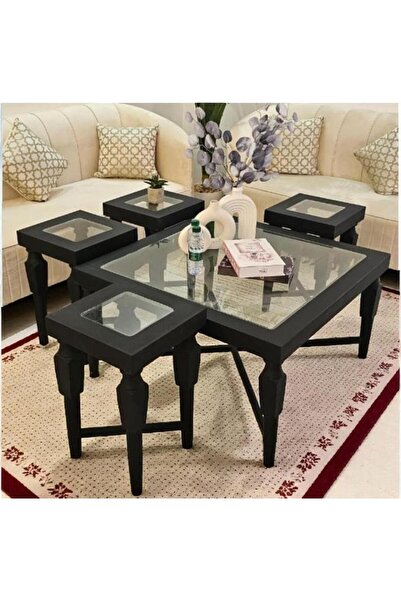 Tables Elegant Black Color Wooden Coffee Table Set with Four Services