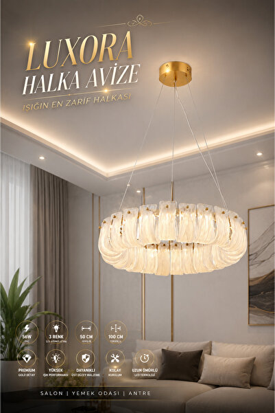 Elvora Home Modern (PREMIUM) Gold Kristal Sarkıt Cam Avize 3 Renk LED Aydınla...